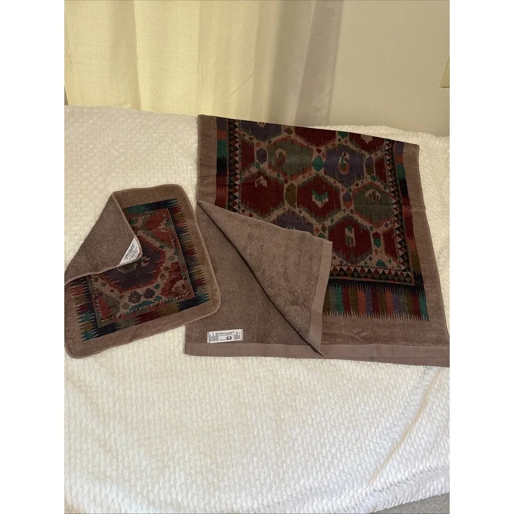 Vintage 1981 Martex Collier Campbell Bath Towel  + Hand Towel Southwestern Aztec